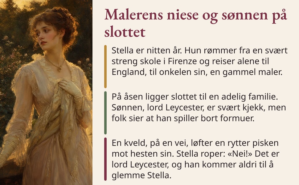 Malerens niese og sønnen på slottet. Stella er nitten år. Hun rømmer fra en svært streng skole i Firenze og reiser alene til England, til onkelen sin, en gammel maler.