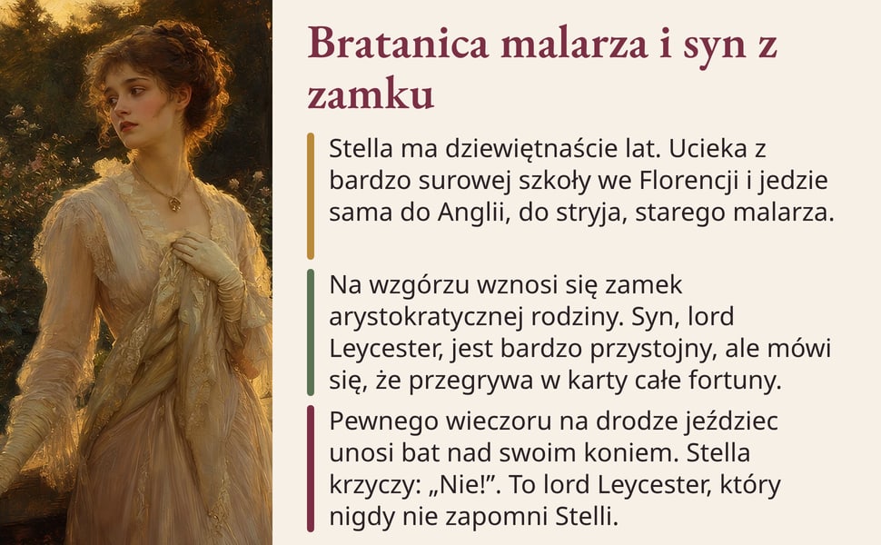 Bratanica malarza i syn z zamku. Stella ma dziewiętnaście lat. Ucieka z bardzo surowej szkoły we Florencji i jedzie sama do Anglii, do stryja, starego malarza.