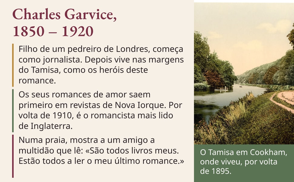 Charles Garvice, 1850 – 1920. Filho de um pedreiro de Londres, começa como jornalista. Depois vive nas margens do Tamisa, como os heróis deste romance.