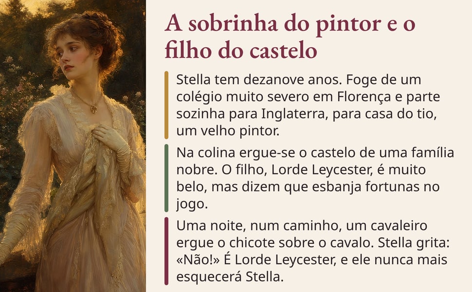 A sobrinha do pintor e o filho do castelo. Stella tem dezanove anos. Foge de um colégio muito severo em Florença e parte sozinha para Inglaterra, para casa do tio, um velho pintor.