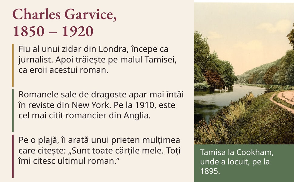 Charles Garvice, 1850⁠ –⁠ 1920. Fiu al unui zidar din Londra, începe ca jurnalist. Apoi trăiește pe malul Tamisei, ca eroii acestui roman.