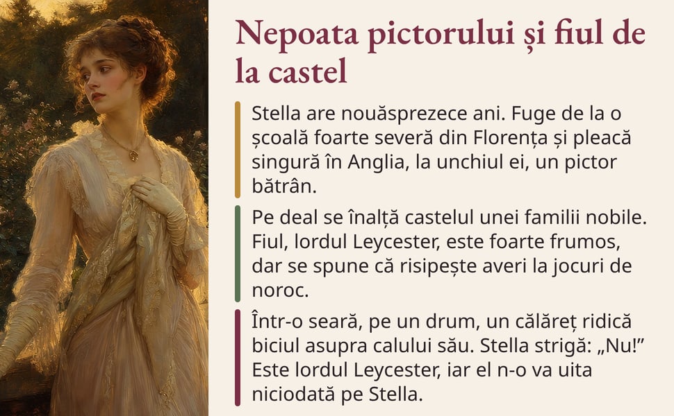 Nepoata pictorului și fiul de la castel. Stella are nouăsprezece ani. Fuge de la o școală foarte severă din Florența și pleacă singură în Anglia, la unchiul ei, un pictor bătrân.