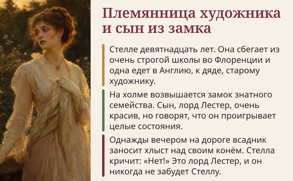 Племянница художника и сын из замка. Стелле девятнадцать лет. Она сбегает из очень строгой школы во Флоренции и одна едет в Англию, к дяде, старому художнику.
