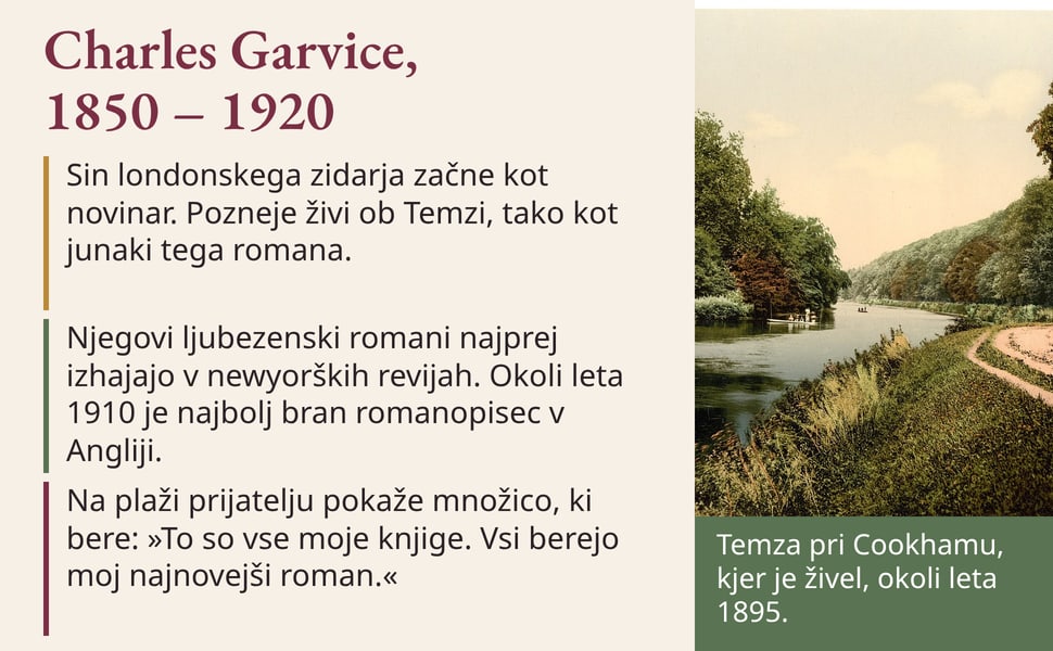Charles Garvice, 1850 – 1920. Sin londonskega zidarja začne kot novinar. Pozneje živi ob Temzi, tako kot junaki tega romana.