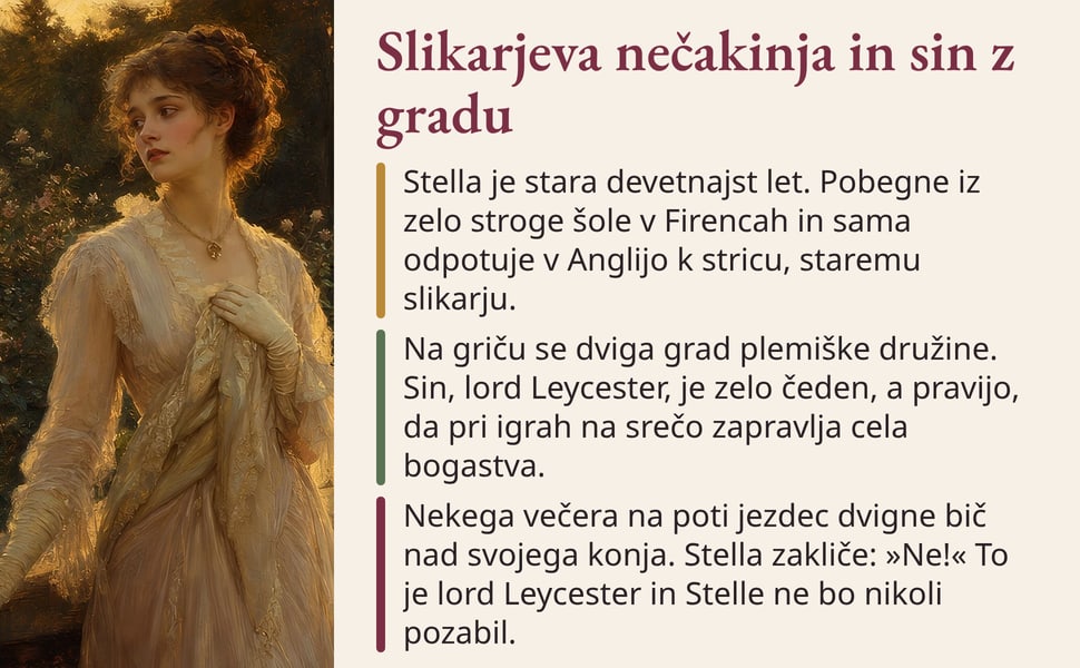 Slikarjeva nečakinja in sin z gradu. Stella je stara devetnajst let. Pobegne iz zelo stroge šole v Firencah in sama odpotuje v Anglijo k stricu, staremu slikarju.