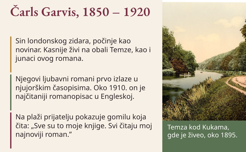 Čarls Garvis, 1850 – 1920. Sin londonskog zidara, počinje kao novinar. Kasnije živi na obali Temze, kao i junaci ovog romana.