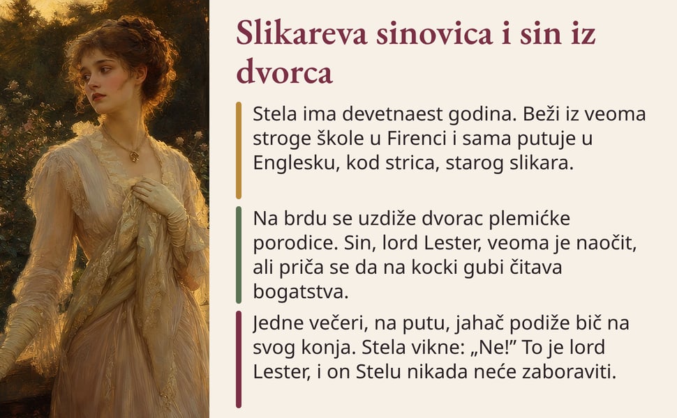 Slikareva sinovica i sin iz dvorca. Stela ima devetnaest godina. Beži iz veoma stroge škole u Firenci i sama putuje u Englesku, kod strica, starog slikara.