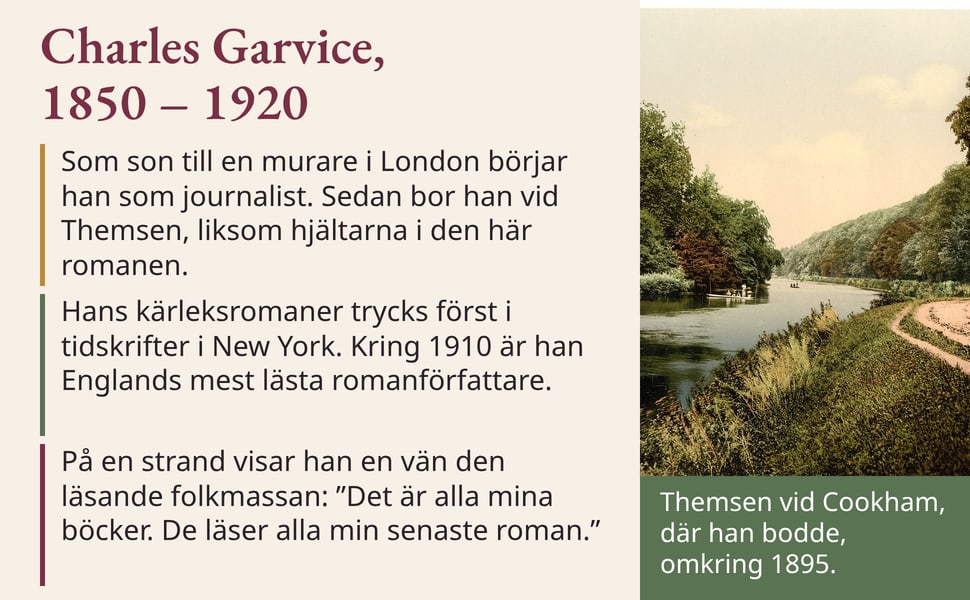 Charles Garvice, 1850 – 1920. Som son till en murare i London börjar han som journalist. Sedan bor han vid Themsen, liksom hjältarna i den här romanen.