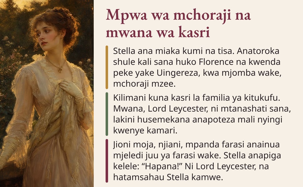 Mpwa wa mchoraji na mwana wa kasri. Stella ana miaka kumi na tisa. Anatoroka shule kali sana huko Florence na kwenda peke yake Uingereza, kwa mjomba wake, mchoraji mzee.