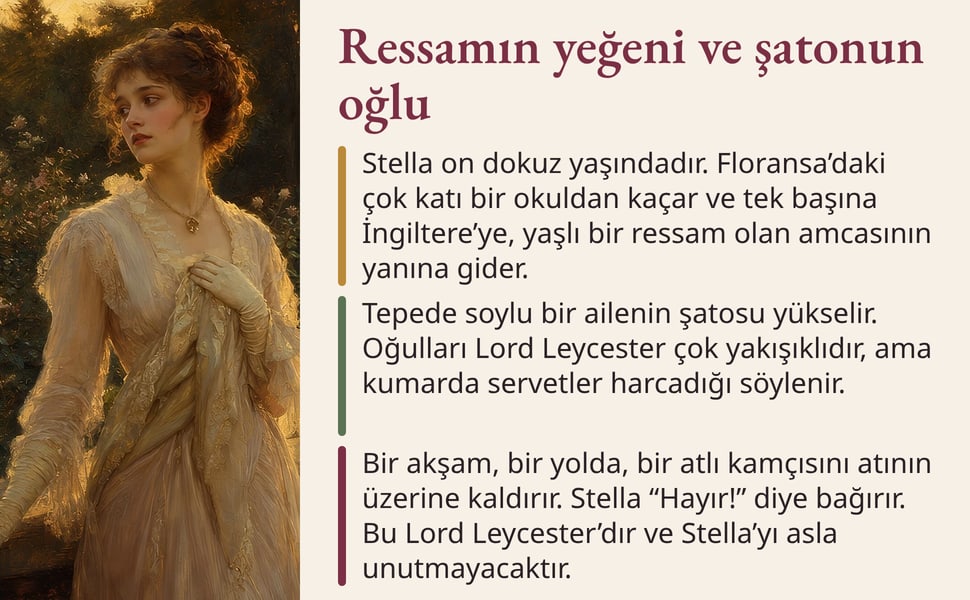 Ressamın yeğeni ve şatonun oğlu. Stella on dokuz yaşındadır. Floransa’daki çok katı bir okuldan kaçar ve tek başına İngiltere’ye, yaşlı bir ressam olan amcasının yanına gider.