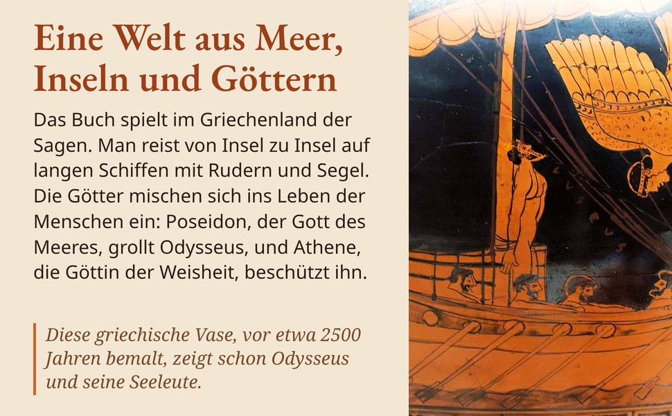 Eine Welt aus Meer, Inseln und Göttern. Das Buch spielt im Griechenland der Sagen. Man reist von Insel zu Insel auf langen Schiffen mit Rudern und Segel. Die Götter mischen sich ins Leben der Menschen ein: Poseidon…