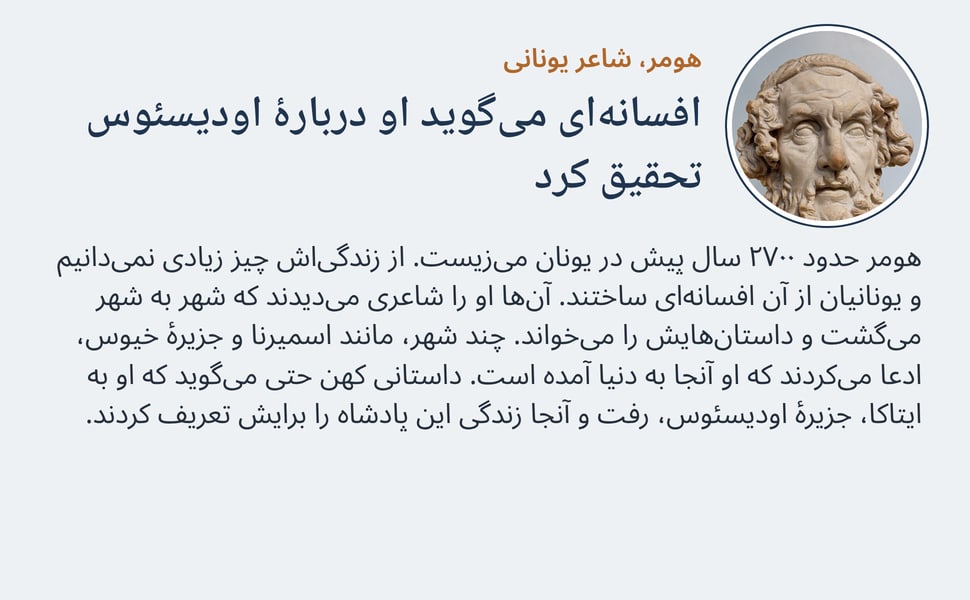 افسانهای میگوید او دربارهٔ اودیسئوس تحقیق کرد. هومر حدود ۲۷۰۰ سال پیش در یونان میزیست. از زندگیاش چیز زیادی نمیدانیم و یونانیان از آن افسانهای ساختند. آنها او را شاعری میدیدند که شهر به شهر میگشت و داستانهایش…