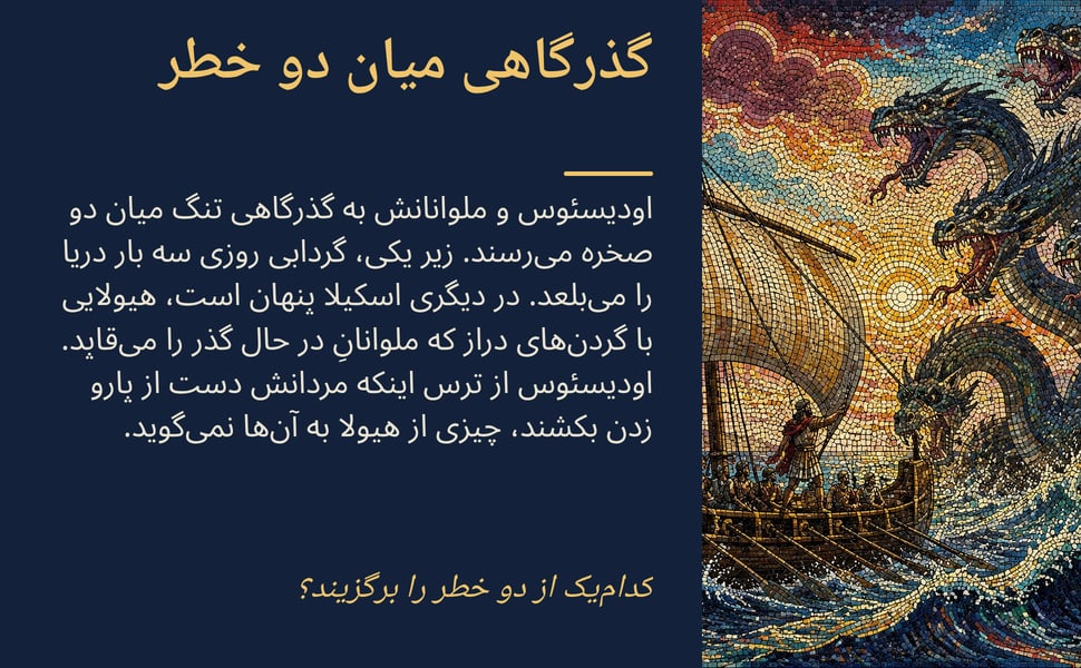 گذرگاهی میان دو خطر. اودیسئوس و ملوانانش به گذرگاهی تنگ میان دو صخره میرسند. زیر یکی، گردابی روزی سه بار دریا را میبلعد. در دیگری اسکیلا پنهان است، هیولایی با گردنهای دراز که ملوانانِ در حال گذر را میقاپد. اودیسئوس…