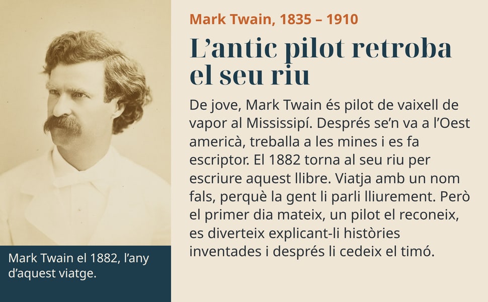 L’antic pilot retroba el seu riu. De jove, Mark Twain és pilot de vaixell de vapor al Mississipí. Després se’n va a l’Oest americà, treballa a les mines i es fa escriptor. El 1882 torna al seu riu per escriure aquest…