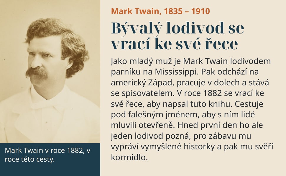 Bývalý lodivod se vrací ke své řece. Jako mladý muž je Mark Twain lodivodem parníku na Mississippi. Pak odchází na americký Západ, pracuje v dolech a stává se spisovatelem. V roce 1882 se vrací ke své řece, aby napsal…