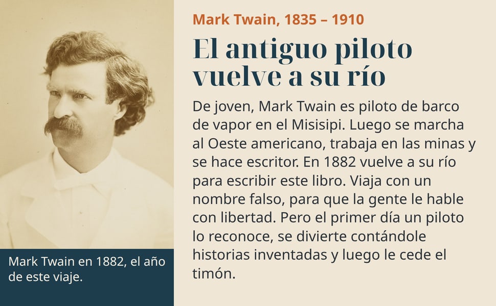 El antiguo piloto vuelve a su río. De joven, Mark Twain es piloto de barco de vapor en el Misisipi. Luego se marcha al Oeste americano, trabaja en las minas y se hace escritor. En 1882 vuelve a su río para escribir…