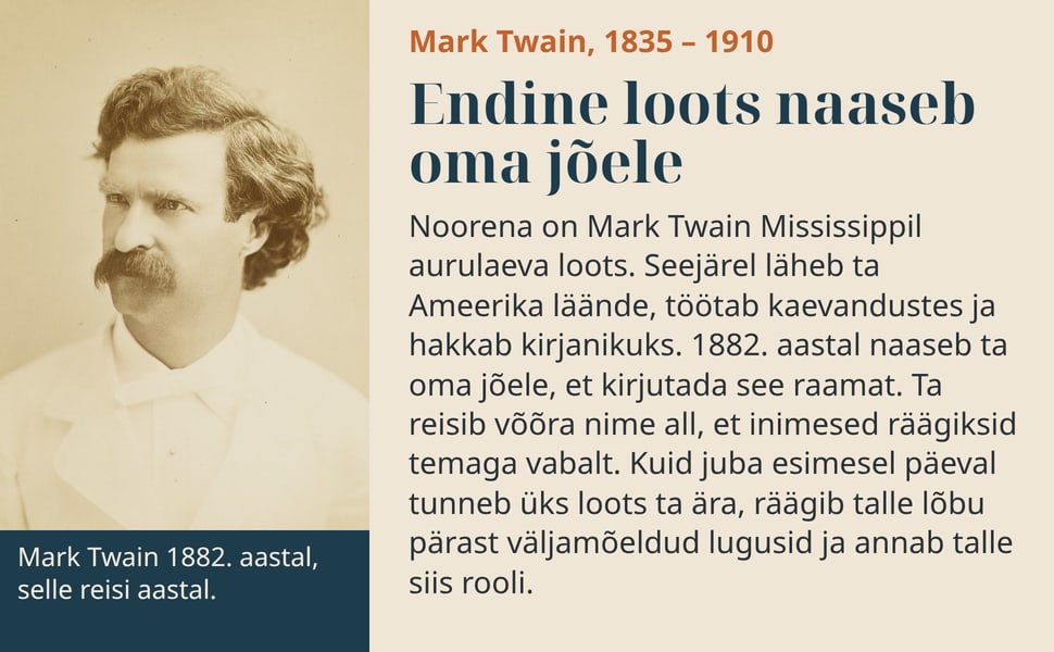 Endine loots naaseb oma jõele. Noorena on Mark Twain Mississippil aurulaeva loots. Seejärel läheb ta Ameerika läände, töötab kaevandustes ja hakkab kirjanikuks. 1882. aastal naaseb ta oma jõele, et kirjutada see…