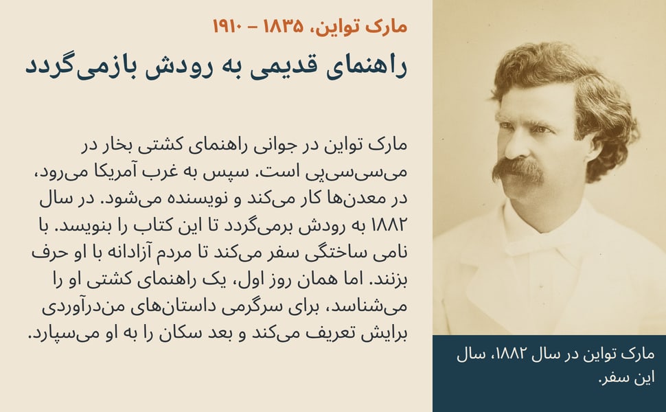 راهنمای قدیمی به رودش بازمیگردد. مارک تواین در جوانی راهنمای کشتی بخار در میسیسیپی است. سپس به غرب آمریکا میرود، در معدنها کار میکند و نویسنده میشود. در سال ۱۸۸۲ به رودش برمیگردد تا این کتاب را بنویسد. با نامی…