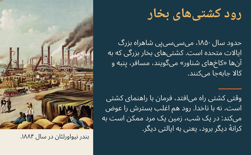 رود کشتیهای بخار. حدود سال ۱۸۵۰، میسیسیپی شاهراه بزرگ ایالات متحده است. کشتیهای بخار بزرگی که به آنها «کاخهای شناور» میگویند، مسافر، پنبه و کالا جابهجا میکنند.