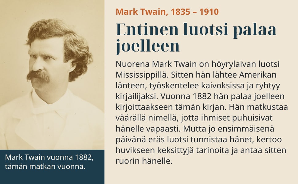 Entinen luotsi palaa joelleen. Nuorena Mark Twain on höyrylaivan luotsi Mississippillä. Sitten hän lähtee Amerikan länteen, työskentelee kaivoksissa ja ryhtyy kirjailijaksi. Vuonna 1882 hän palaa joelleen…