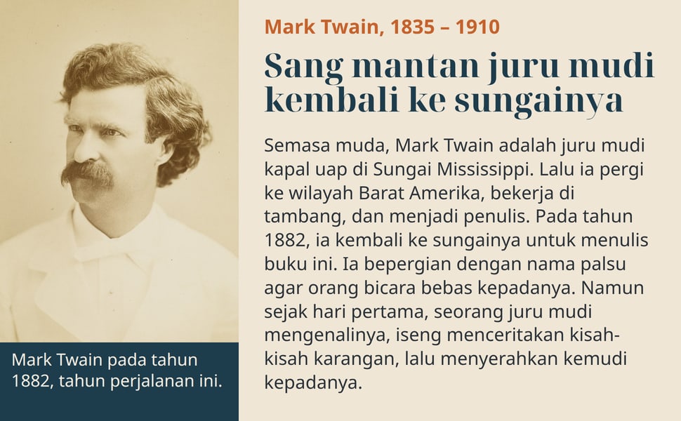 Sang mantan juru mudi kembali ke sungainya. Semasa muda, Mark Twain adalah juru mudi kapal uap di Sungai Mississippi. Lalu ia pergi ke wilayah Barat Amerika, bekerja di tambang, dan menjadi penulis. Pada tahun 1882, ia…