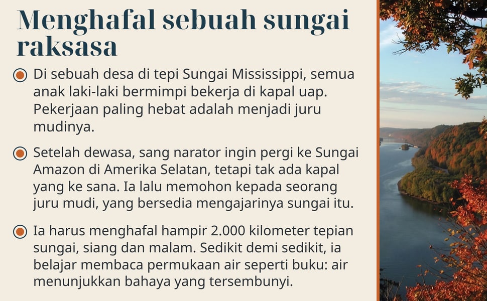 Menghafal sebuah sungai raksasa. Di sebuah desa di tepi Sungai Mississippi, semua anak laki-laki bermimpi bekerja di kapal uap. Pekerjaan paling hebat adalah menjadi juru mudinya.