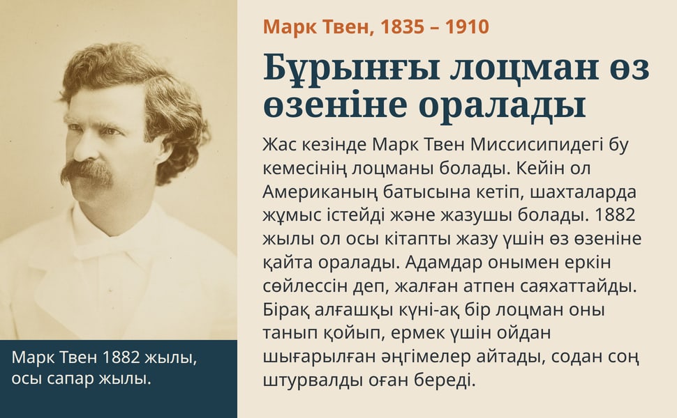 Бұрынғы лоцман өз өзеніне оралады. Жас кезінде Марк Твен Миссисипидегі бу кемесінің лоцманы болады. Кейін ол Американың батысына кетіп, шахталарда жұмыс істейді және жазушы болады. 1882 жылы ол осы кітапты жазу үшін өз…