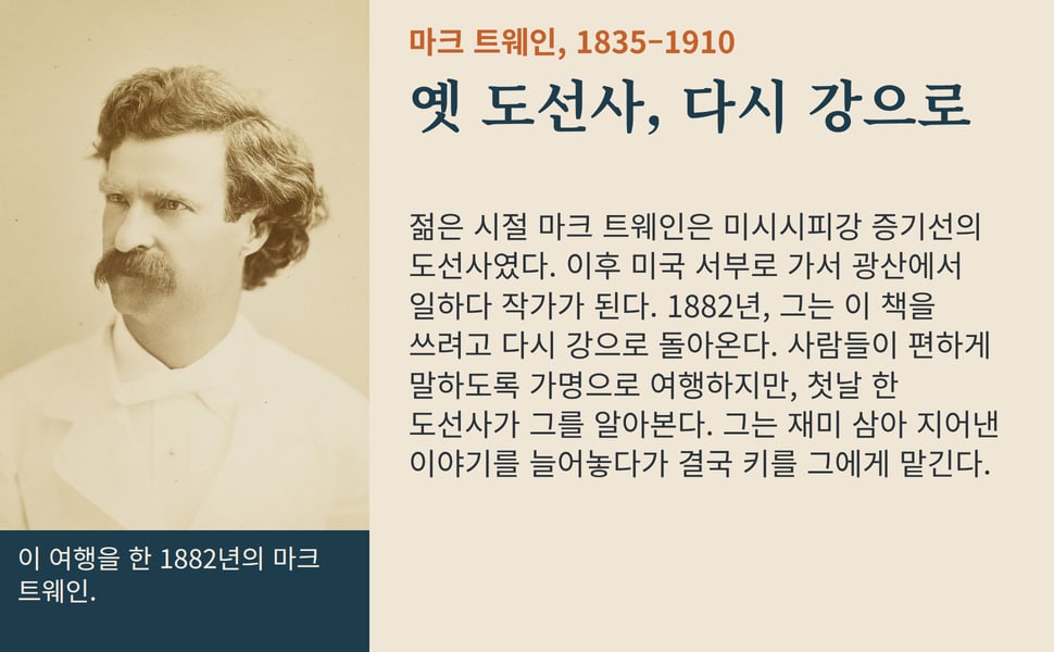 옛 도선사, 다시 강으로. 젊은 시절 마크 트웨인은 미시시피강 증기선의 도선사였다. 이후 미국 서부로 가서 광산에서 일하다 작가가 된다. 1882년, 그는 이 책을 쓰려고 다시 강으로 돌아온다. 사람들이 편하게 말하도록 가명으로 여행하지만, 첫날 한 도선사가 그를 알아본다. 그는 재미 삼아 지어낸 이야기를 늘어놓다가 결국 키를 그에게 맡긴다.