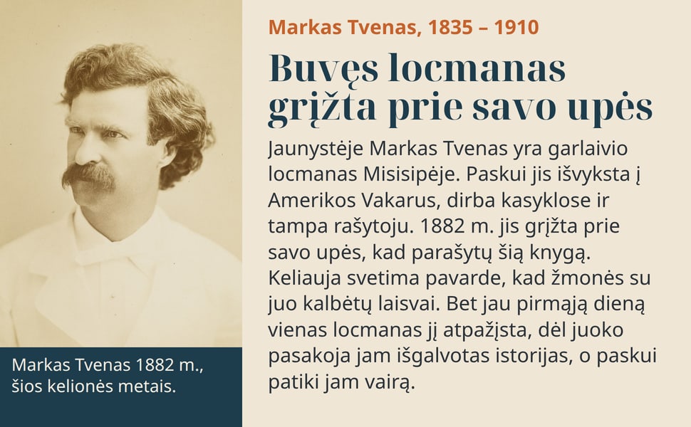 Buvęs locmanas grįžta prie savo upės. Jaunystėje Markas Tvenas yra garlaivio locmanas Misisipėje. Paskui jis išvyksta į Amerikos Vakarus, dirba kasyklose ir tampa rašytoju. 1882 m. jis grįžta prie savo upės, kad…