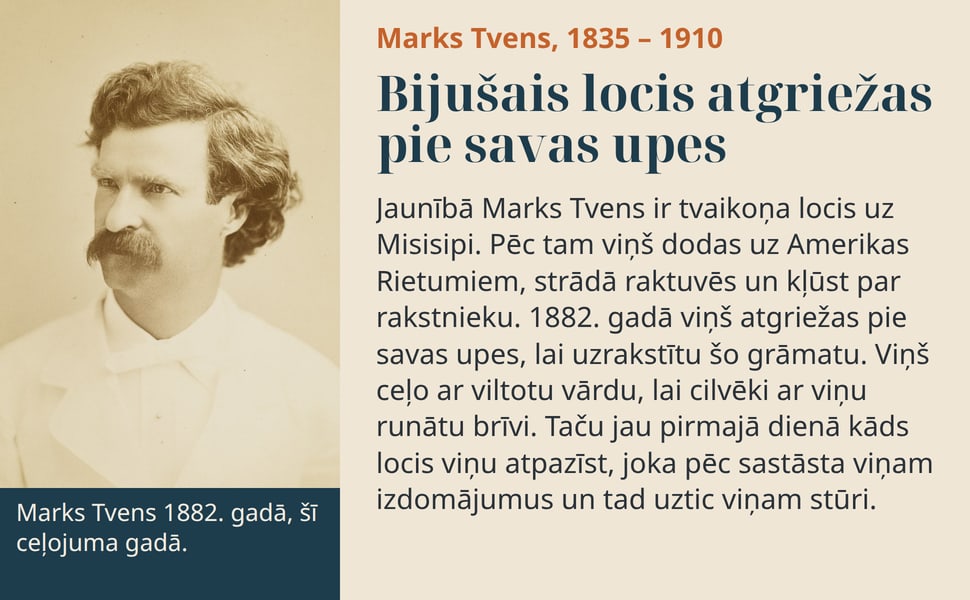 Bijušais locis atgriežas pie savas upes. Jaunībā Marks Tvens ir tvaikoņa locis uz Misisipi. Pēc tam viņš dodas uz Amerikas Rietumiem, strādā raktuvēs un kļūst par rakstnieku. 1882. gadā viņš atgriežas pie savas upes…