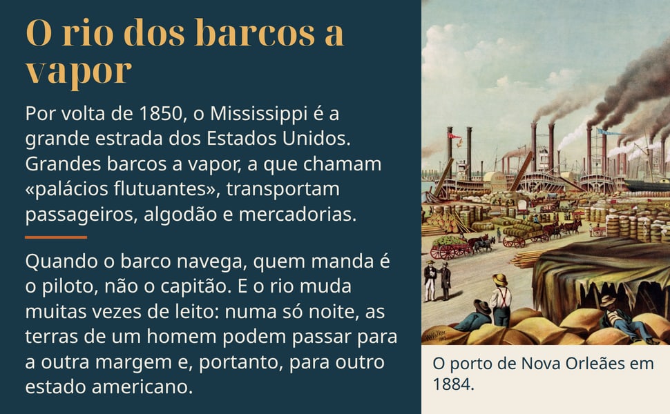 O rio dos barcos a vapor. Por volta de 1850, o Mississippi é a grande estrada dos Estados Unidos. Grandes barcos a vapor, a que chamam «palácios flutuantes», transportam passageiros, algodão e mercadorias.