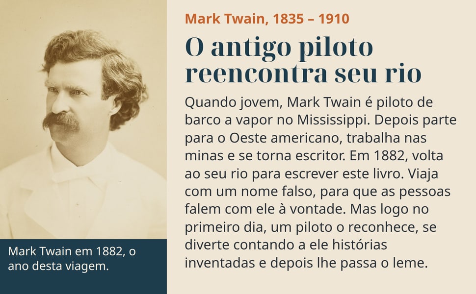 O antigo piloto reencontra seu rio. Quando jovem, Mark Twain é piloto de barco a vapor no Mississippi. Depois parte para o Oeste americano, trabalha nas minas e se torna escritor. Em 1882, volta ao seu rio para…