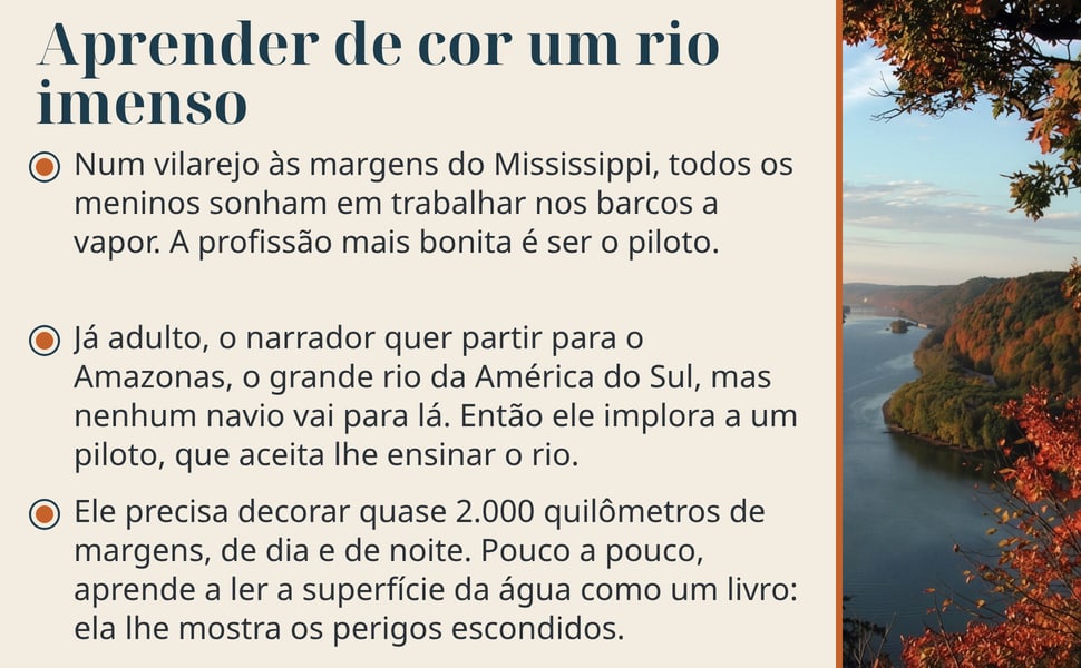 Aprender de cor um rio imenso. Num vilarejo às margens do Mississippi, todos os meninos sonham em trabalhar nos barcos a vapor. A profissão mais bonita é ser o piloto.