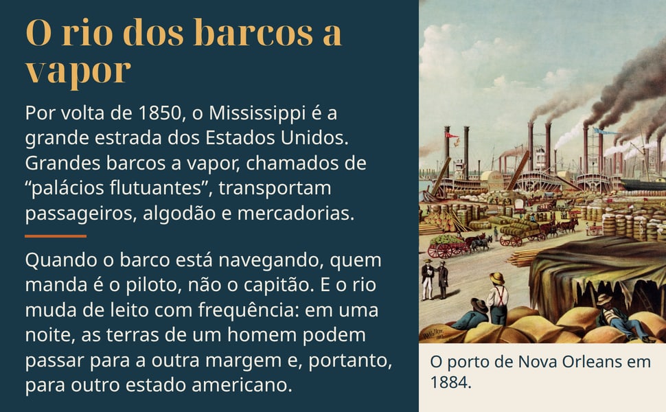 O rio dos barcos a vapor. Por volta de 1850, o Mississippi é a grande estrada dos Estados Unidos. Grandes barcos a vapor, chamados de “palácios flutuantes”, transportam passageiros, algodão e mercadorias.