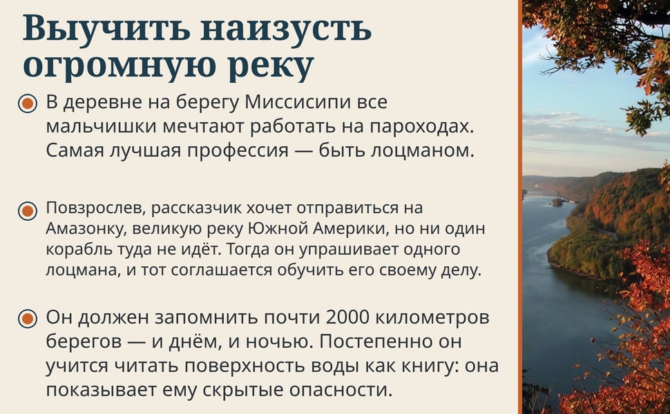 Выучить наизусть огромную реку. В деревне на берегу Миссисипи все мальчишки мечтают работать на пароходах. Самая лучшая профессия — быть лоцманом.