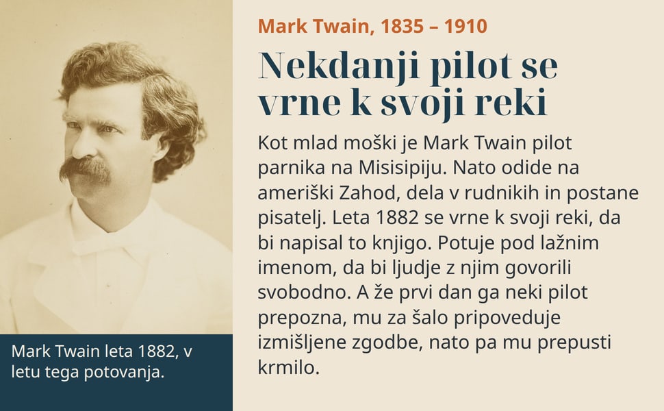Nekdanji pilot se vrne k svoji reki. Kot mlad moški je Mark Twain pilot parnika na Misisipiju. Nato odide na ameriški Zahod, dela v rudnikih in postane pisatelj. Leta 1882 se vrne k svoji reki, da bi napisal to knjigo.…