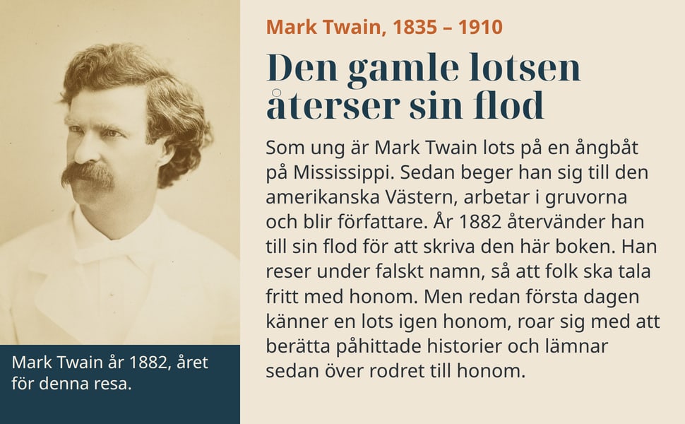 Den gamle lotsen återser sin flod. Som ung är Mark Twain lots på en ångbåt på Mississippi. Sedan beger han sig till den amerikanska Västern, arbetar i gruvorna och blir författare. År 1882 återvänder han till sin flod…