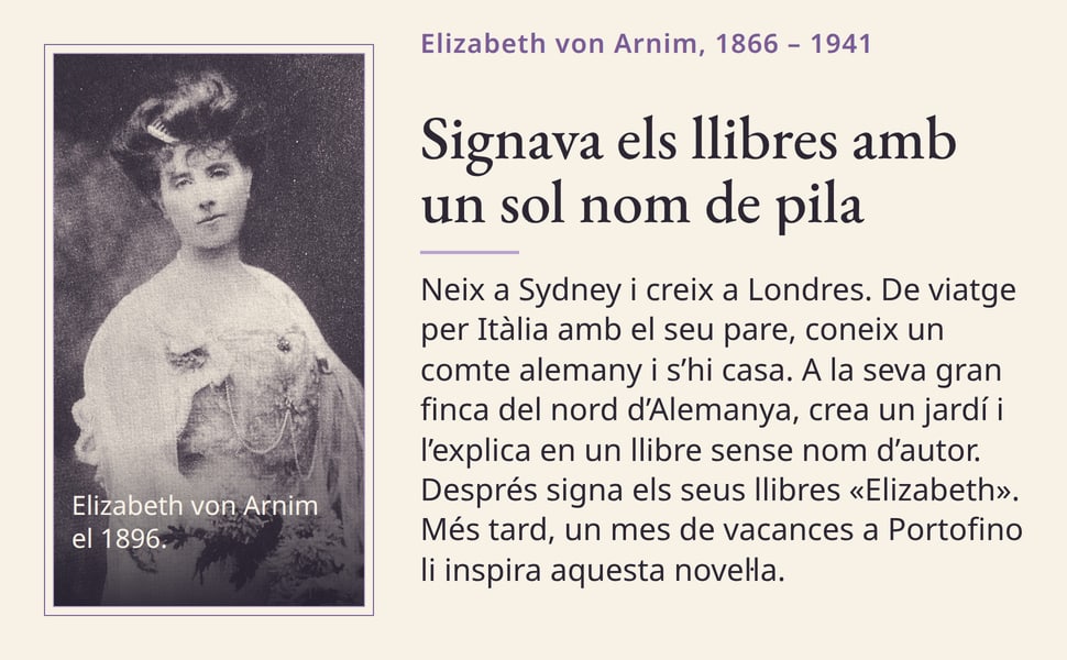 Signava els llibres amb un sol nom de pila. Neix a Sydney i creix a Londres. De viatge per Itàlia amb el seu pare, coneix un comte alemany i s’hi casa. A la seva gran finca del nord d’Alemanya, crea un jardí i…