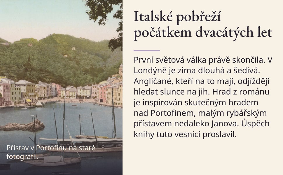 Italské pobřeží počátkem dvacátých let. První světová válka právě skončila. V Londýně je zima dlouhá a šedivá. Angličané, kteří na to mají, odjíždějí hledat slunce na jih. Hrad z románu je inspirován skutečným hradem…