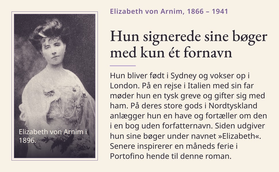 Hun signerede sine bøger med kun ét fornavn. Hun bliver født i Sydney og vokser op i London. På en rejse i Italien med sin far møder hun en tysk greve og gifter sig med ham. På deres store gods i Nordtyskland anlægger…