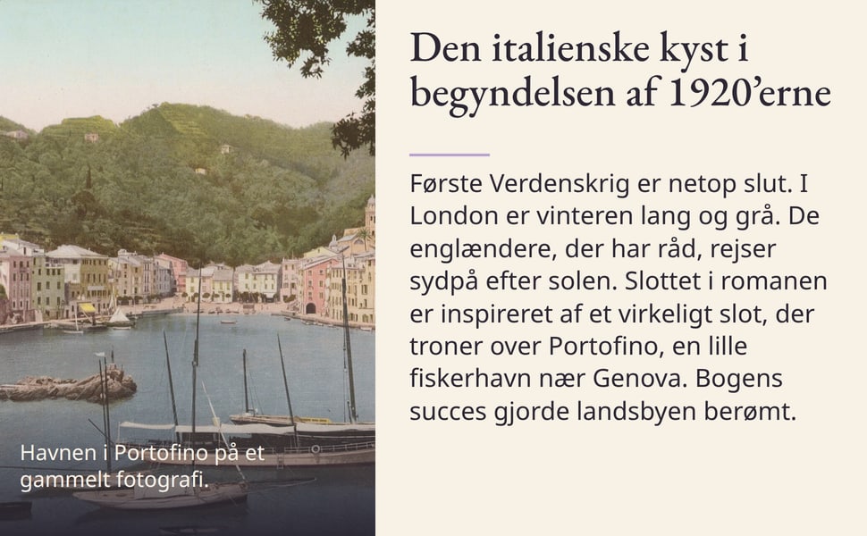Den italienske kyst i begyndelsen af 1920’erne. Første Verdenskrig er netop slut. I London er vinteren lang og grå. De englændere, der har råd, rejser sydpå efter solen. Slottet i romanen er inspireret af et virkeligt…