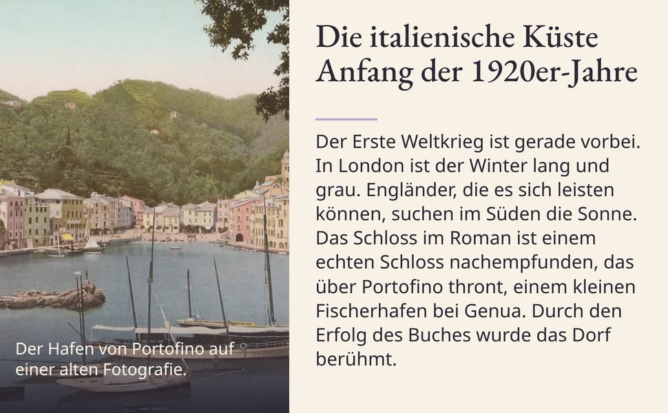 Die italienische Küste Anfang der 1920er-Jahre. Der Erste Weltkrieg ist gerade vorbei. In London ist der Winter lang und grau. Engländer, die es sich leisten können, suchen im Süden die Sonne. Das Schloss im Roman ist…