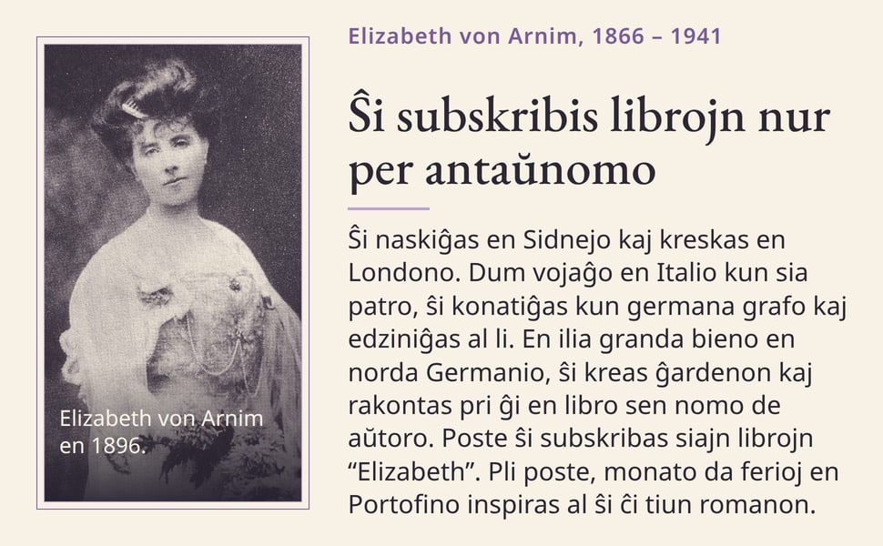 Ŝi subskribis librojn nur per antaŭnomo. Ŝi naskiĝas en Sidnejo kaj kreskas en Londono. Dum vojaĝo en Italio kun sia patro, ŝi konatiĝas kun germana grafo kaj edziniĝas al li. En ilia granda bieno en norda Germanio, ŝi…