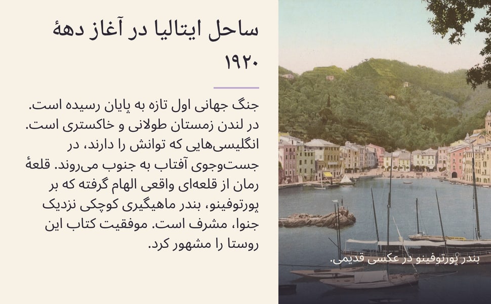 ساحل ایتالیا در آغاز دههٔ ۱۹۲۰. جنگ جهانی اول تازه به پایان رسیده است. در لندن زمستان طولانی و خاکستری است. انگلیسیهایی که توانش را دارند، در جستوجوی آفتاب به جنوب میروند. قلعهٔ رمان از قلعهای واقعی الهام گرفته که…