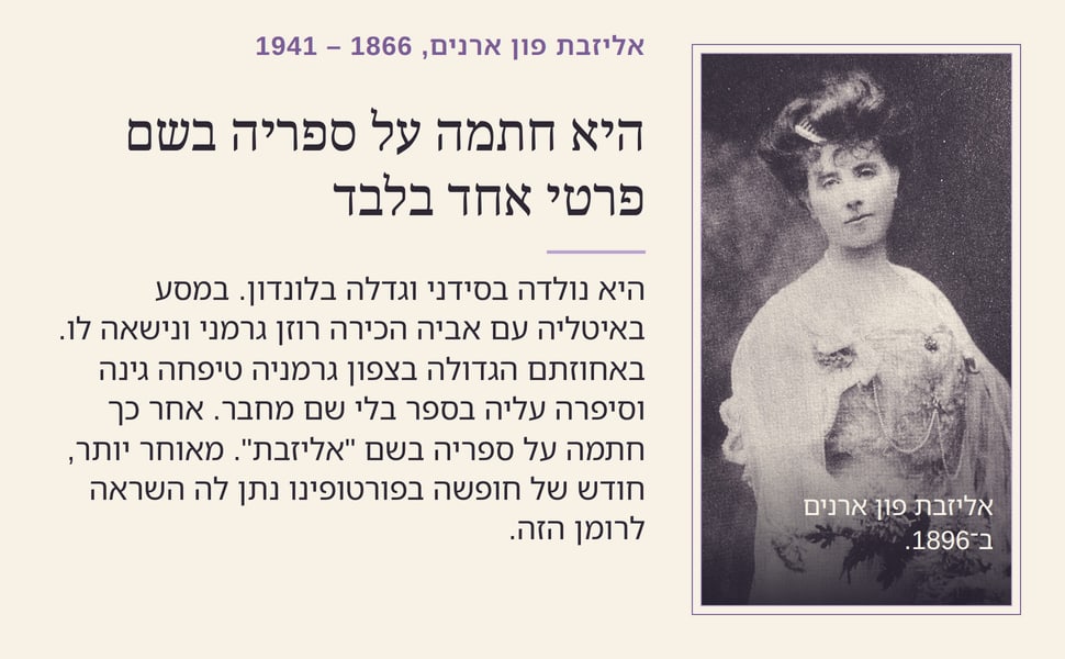 היא חתמה על ספריה בשם פרטי אחד בלבד. היא נולדה בסידני וגדלה בלונדון. במסע באיטליה עם אביה הכירה רוזן גרמני ונישאה לו. באחוזתם הגדולה בצפון גרמניה טיפחה גינה וסיפרה עליה בספר בלי שם מחבר. אחר כך חתמה על ספריה בשם…