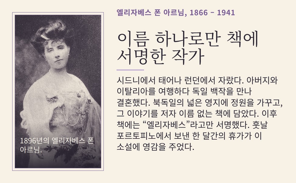 이름 하나로만 책에 서명한 작가. 시드니에서 태어나 런던에서 자랐다. 아버지와 이탈리아를 여행하다 독일 백작을 만나 결혼했다. 북독일의 넓은 영지에 정원을 가꾸고, 그 이야기를 저자 이름 없는 책에 담았다. 이후 책에는 “엘리자베스”라고만 서명했다. 훗날 포르토피노에서 보낸 한 달간의 휴가가 이 소설에 영감을 주었다.