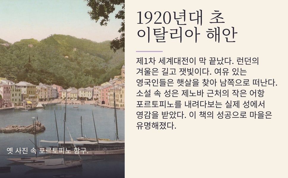1920년대 초 이탈리아 해안. 제1차 세계대전이 막 끝났다. 런던의 겨울은 길고 잿빛이다. 여유 있는 영국인들은 햇살을 찾아 남쪽으로 떠난다. 소설 속 성은 제노바 근처의 작은 어항 포르토피노를 내려다보는 실제 성에서 영감을 받았다. 이 책의 성공으로 마을은 유명해졌다.