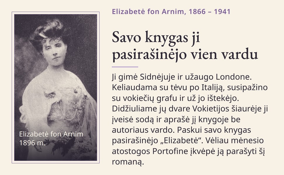 Savo knygas ji pasirašinėjo vien vardu. Ji gimė Sidnėjuje ir užaugo Londone. Keliaudama su tėvu po Italiją, susipažino su vokiečių grafu ir už jo ištekėjo. Didžiuliame jų dvare Vokietijos šiaurėje ji įveisė sodą ir…