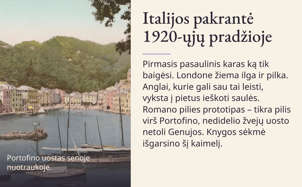 Italijos pakrantė 1920-ųjų pradžioje. Pirmasis pasaulinis karas ką tik baigėsi. Londone žiema ilga ir pilka. Anglai, kurie gali sau tai leisti, vyksta į pietus ieškoti saulės. Romano pilies prototipas – tikra pilis…