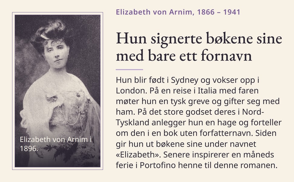 Hun signerte bøkene sine med bare ett fornavn. Hun blir født i Sydney og vokser opp i London. På en reise i Italia med faren møter hun en tysk greve og gifter seg med ham. På det store godset deres i Nord-Tyskland…